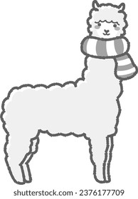 Illustration of a fluffy alpaca wrapped in a scarf (full body) black and white