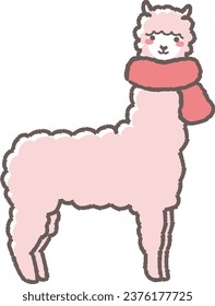 Illustration of a fluffy alpaca wrapped in a scarf (full body)
