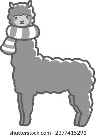 Illustration of a fluffy alpaca wrapped in a scarf (full body) black and white