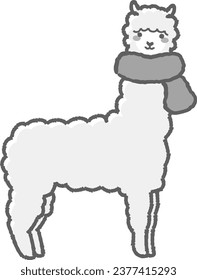 Illustration of a fluffy alpaca wrapped in a scarf (full body) black and white