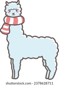 Illustration of a fluffy alpaca wrapped in a scarf (full body)