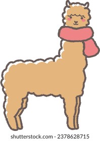 Illustration of a fluffy alpaca wrapped in a scarf (full body)