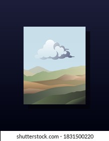 illustration of fluffy cloud over green hills on blue background