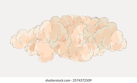 Illustration of a fluffy cloud with soft, beige tones. The cloud appears light and airy, with a gentle, whimsical feel. Fluffy cloud, soft tones, airy design. Vintage illustration isolated, vector.