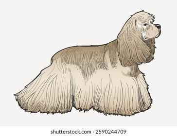 Illustration of a fluffy dog with long, flowing fur. The dog is standing in profile, showcasing its detailed coat and gentle expression. Vintage animal illustration vector.