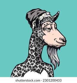 Illustration of a fluffy goat character like a leopard with a beanie on his head for t-shirt, poster and sticker design