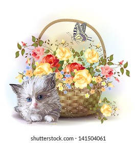 Illustration of  the fluffy kitten and  basket with roses