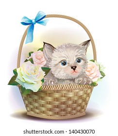 Illustration of  the fluffy kitten sitting in a basket with roses