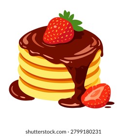 Illustration of a fluffy soufflé pancake stack topped with chocolate syrup and strawberries