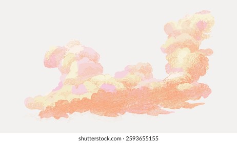 Illustration of fluffy, pastel-colored clouds. Soft, pink and orange hues create a dreamy, ethereal sky. Clouds in a serene, peaceful atmosphere. Vintage art illustration, vector.