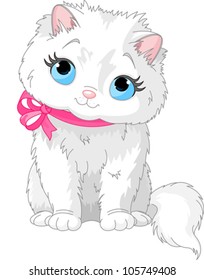 Illustration of fluffy white Cat with pink bow