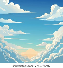 Illustration von flauschigen weißen Wolken in blauem Himmel. Die Komposition zeichnet sich durch einen Farbverlauf mit einem weichen, hellen und luftigen Gefühl aus, ideal für Konzepte wie Träume und Gelassenheit.