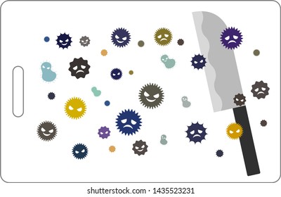 Illustration of fly bacteria attached to cutting board and knife
