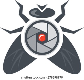 Illustration of a fly with a camera lens on its back on isolated background.