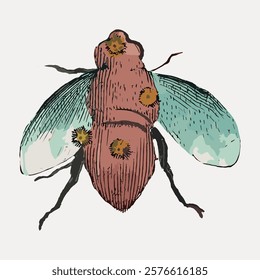 Illustration of a fly with colorful wings. Fly with detailed wings. Artistic fly drawing showcasing vibrant wings and intricate details. Vintage animal illustration isolated on white, vector.