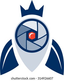 Illustration of a fly crown shutter eye camera with moon crest in the center set on isolated white background done in retro style. 