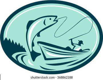 Illustration of a fly fisherman fishing on boat reeling a trout salmon fish set inside oval shape done in retro style.