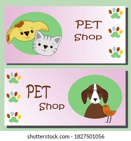 Illustration flyer pet store. Vector illustration. Flyer or postcard template. Advertising for shops, decor, design, discounts. 