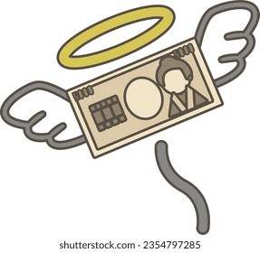 Illustration of a flying 5,000 yen bill with wings in japan