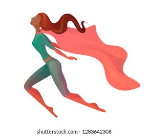 Illustration of a flying  African American super woman in costume with cloak. Elegant textural stylization of the girl. Vector element for postcards, articles and your design.