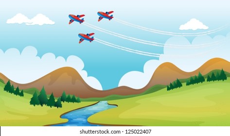 Illustration of flying airplanes and a beautiful landscape