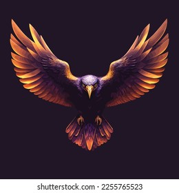 illustration Flying bald eagle. Color, abstract, neon, art portrait of a soaring bald eagle on dark background in pop art style. Digital vector graphics