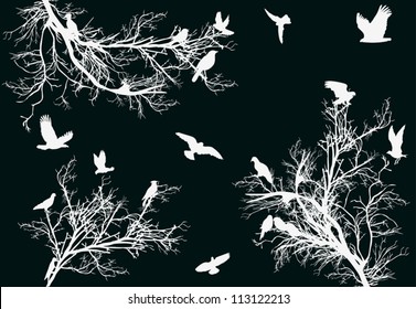 illustration with flying bird between trees