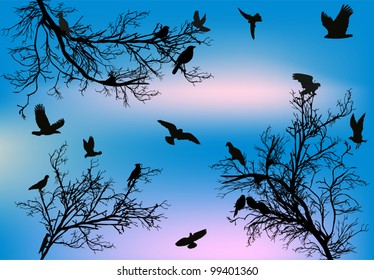illustration with flying bird between trees