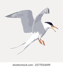 Illustration of a flying bird with gray wings and a white body. The bird is mid-flight, showcasing its wings and beak. Bird, wings, and flight are key elements. Vintage illustration isolated, vector.