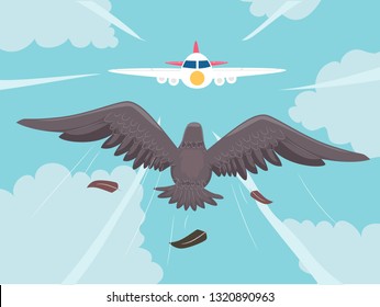 Illustration Of A Flying Bird Towards A Coming Airplane. Bird Strike