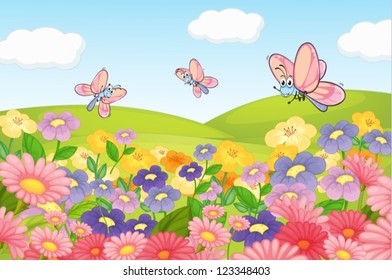 Illustration of a flying butterflies in beautiful nature