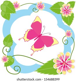 Illustration of flying butterfly among flowers and green on sky background
