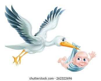 An illustration of a flying cartoon stork delivering a newborn baby. Classic metaphor for pregnancy or child birth