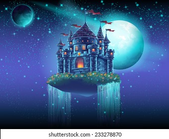 Illustration flying castle space and waterfalls the background stars   planets