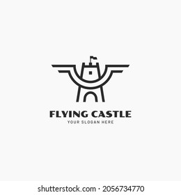 Illustration Flying Castle Tower Or Fort Fortress With Wings Logo Design