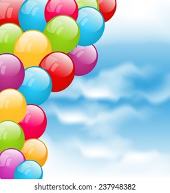 Illustration flying colorful balloons in blue sky - vector