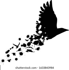 illustration with flying crow from birds and blots isolated on white background