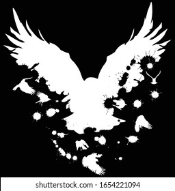 illustration with flying crow from birds and blots isolated on black background