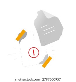 illustration of flying document detached from tape with exclamation mark. Concept of data loss warning, missing file alert, lost document, information error, record deletion, document management issue