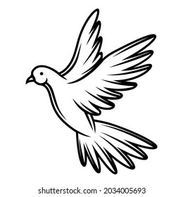 Illustration of flying dove. Black and white stylized picture.