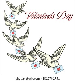 Illustration of flying doves in different positions.Hand drawn contoured pigeon. Hand drawn flying doves isolated on white with love letters. Retro,vintage detailed image done in black line strokes