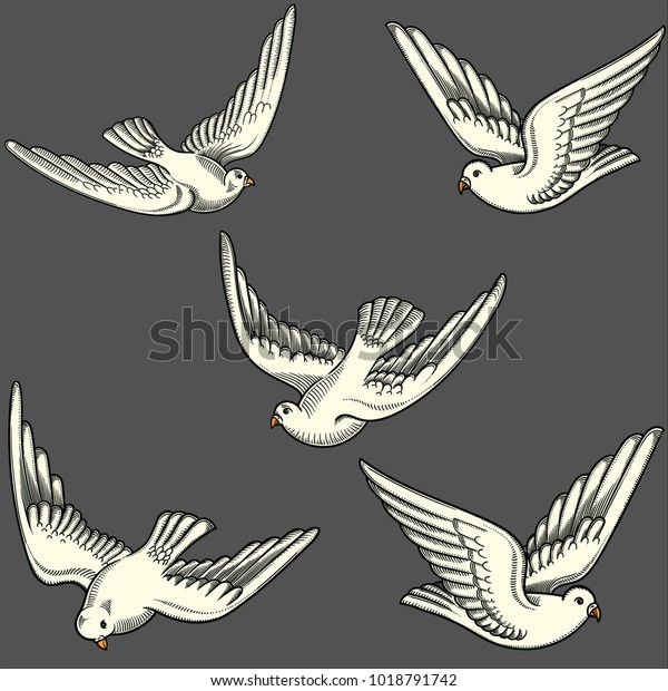 様々な位置に飛ぶハトのイラスト 手描きの蝶鳩 グレイの背景に飛ぶハトとラブレターの手描き レトロ ビンテージの詳細な画像を黒線で描画 のベクター画像素材 ロイヤリティフリー
