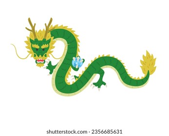 An illustration of a flying dragon, holding a ball, facing the front.