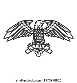 Illustration of flying eagle, bald eagle black and white