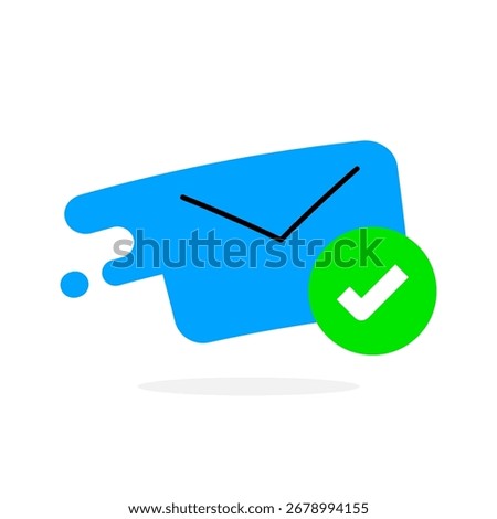 illustration of flying envelope with check mark, symbolizing successfully sent message, email delivered confirmation, or completed communication in mobile app and web interface
