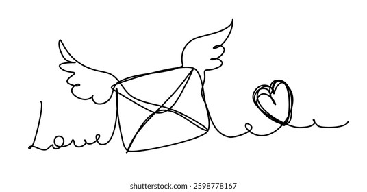 Illustration of a flying envelope featuring a heart and wings symbolizing love and messages in minimalist line art. Perfect for romantic themes and communication.