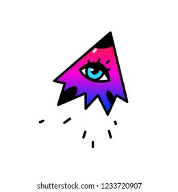 Illustration of a flying eye. Vector. Cartoon flat style. Blue eye flies in the sky. The symbol of the all-seeing eye. Logo, image for studio, company.