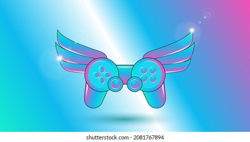 Illustration of a flying gamepad with its wings on an RGB background