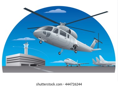 illustration of flying helicopter in airport