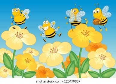 Illustration of flying honey bees in beautiful nature
